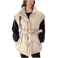 thumbnail image 1 of Rohuuque Women's Fashion Puffer Vest Solid Zipper Sleeveless Insulated Jacket with Belt Fall Winter Warm Trendy Outifts Khaki, 1 of 9