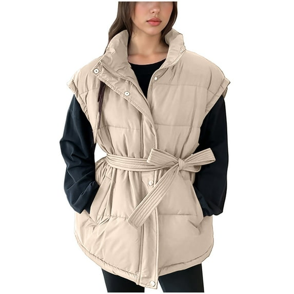 Rohuuque Women's Fashion Puffer Vest Solid Zipper Sleeveless Insulated Jacket with Belt Fall Winter Warm Trendy Outifts Khaki