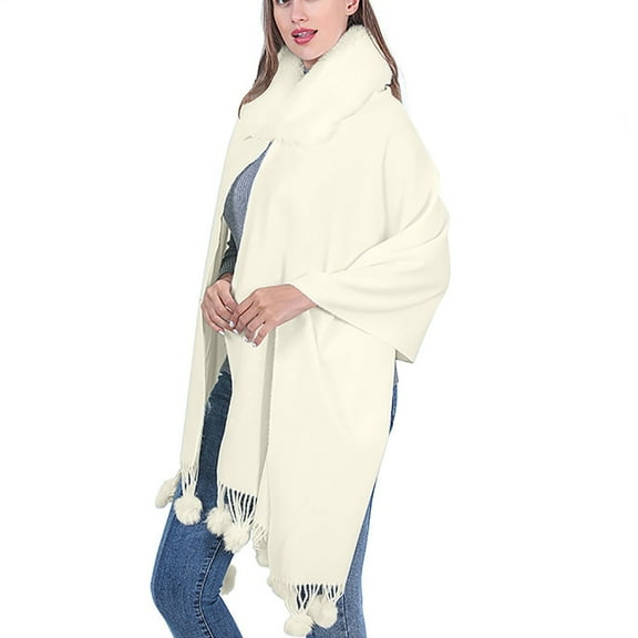 Rohuuque Women's Faux Fur Cape Wrap Wool Coat Cardigan Poncho Warm Pom Pom Trim Knit Fall Winter Sweater Shawl White
