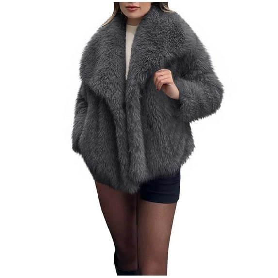Rohuuque Women's Faux Fur Coat Fluffy Thick Warm Plush Jacket Long Sleeve Lapel Furry Winter Jackets Shaggy Parka Short Coat Dark Gray