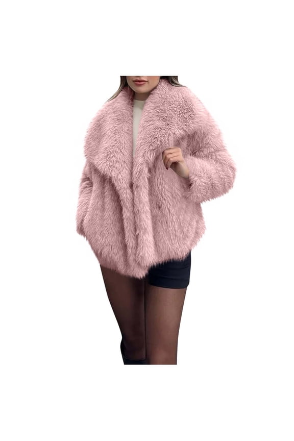 Women's Faux Fur Coat Fluffy Thick Warm Plush Jacket Long Sleeve Lapel Furry Winter Jackets Shaggy Parka Short Coat Pink