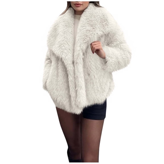 ZQUUVOU Women's Faux Fur Coat Fluffy Thick Warm Plush Jacket Long Sleeve Lapel Furry Winter Jackets Shaggy Parka Short Coat White