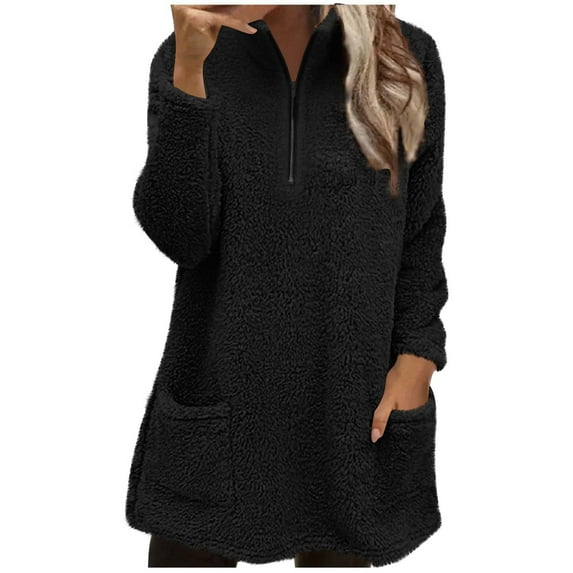Rohuuque Women's Fleece Jacket Half Zip Pullover with Stand Collar Solid Color Plush Fleece with Pockets Oversized Comfort Tops Black
