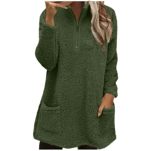 Rohuuque Women's Fleece Jacket Half Zip Pullover with Stand Collar Solid Color Plush Fleece with Pockets Oversized Comfort Tops Olive Green