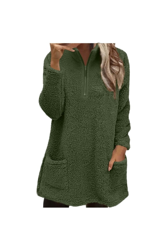 Rohuuque Women's Fleece Jacket Half Zip Pullover with Stand Collar Solid Color Plush Fleece with Pockets Oversized Comfort Tops Olive Green