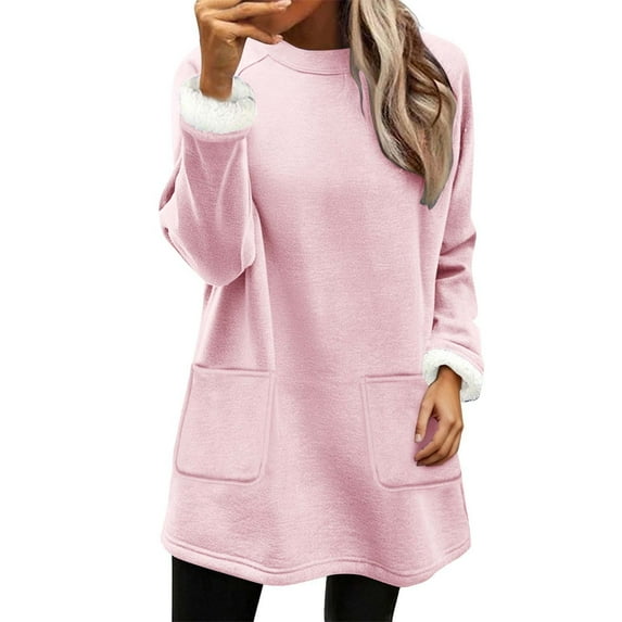 Rohuuque Women's Fleece Jacket Pullover Solid Color Long Sleeve Crew Neck Oversized Casual Sweater with Pockets Comfortable Tops Pink