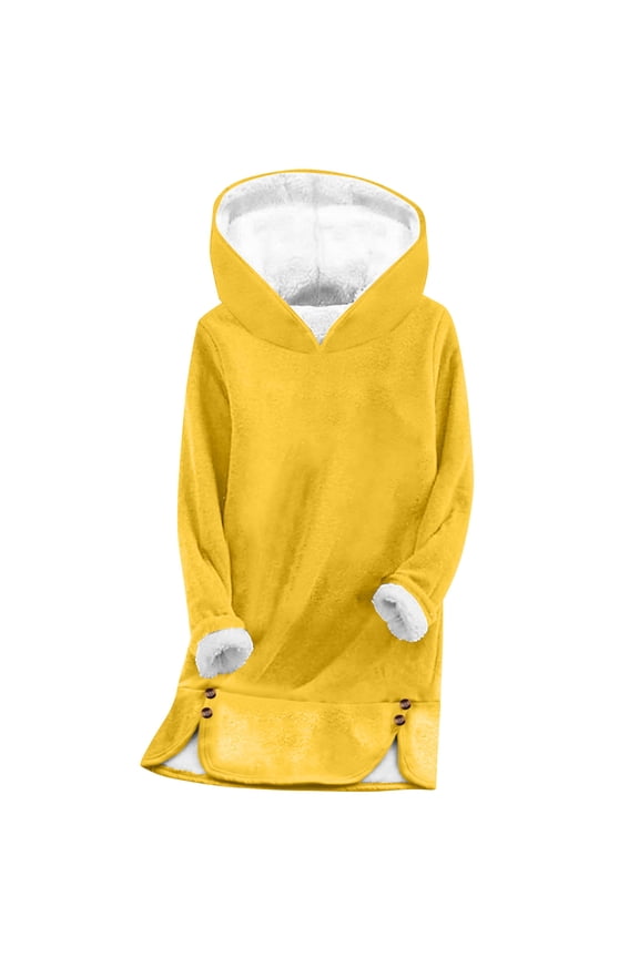 Women's Fleece Lined Hooded Dress Long Sleeve Plush Warm Pullover with Thick Lining for Winter Base Layer Wear Yellow