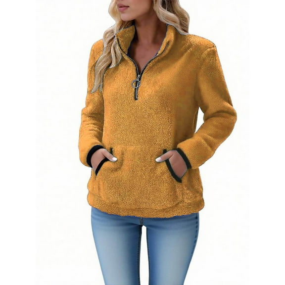 Rohuuque Women's Fleece Pullover Jacket Quarter Zip Plush Sweatshirts Long Sleeve Mockneck Soft Hoodless Sweatshirt with Pocket Yellow