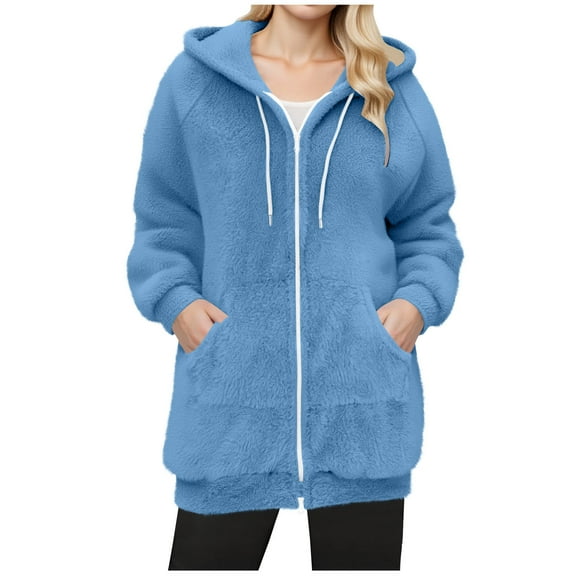 Rohuuque Women's Fuzzy Jacket Winter Plush Sherpa Fleece Hooded Cardigan Loose Long Zip Up Coat Outwear with Pockets Blue