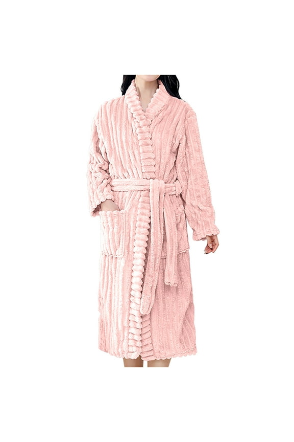 Rohuuque Women's Fuzzy Robe Shawl Collar Bathrobes Winter Warm Soft Pocket Long Length Lightweight Lounge Wear Pink