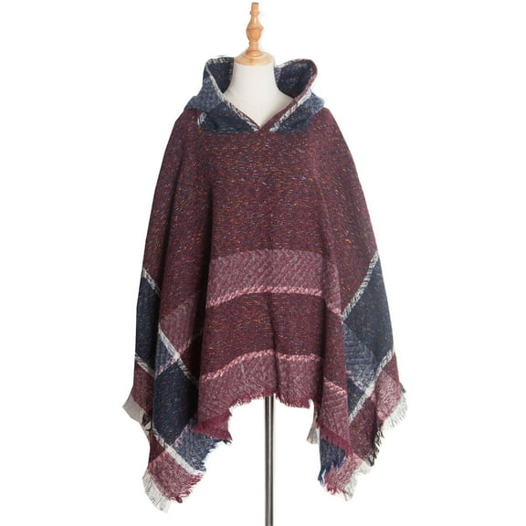 Rohuuque Women's Hooded Cape with Fringed Hem Herringbone Knit Hooded Poncho Pullover Cape Warm Winter Gothic Bohemian Style Shawl Burgundy