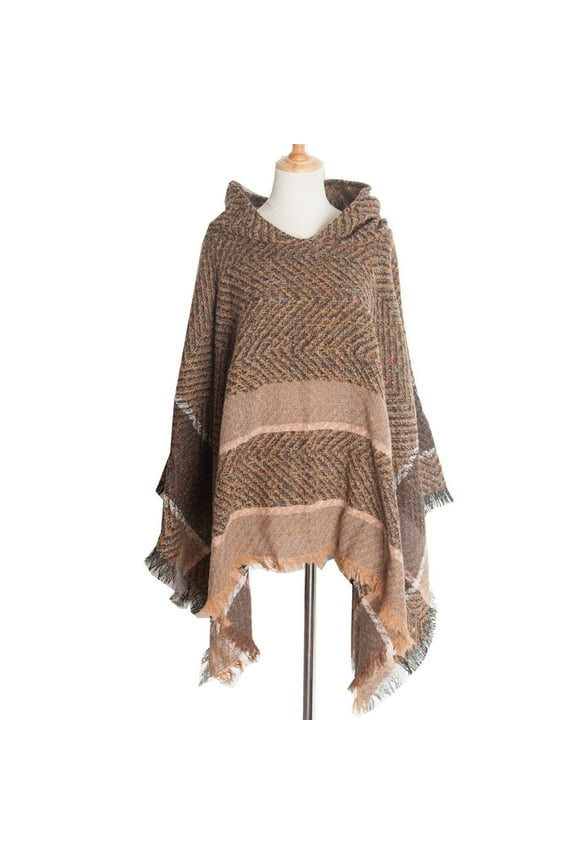 Women's Hooded Cape with Fringed Hem Herringbone Knit Hooded Poncho Pullover Cape Warm Winter Gothic Bohemian Style Shawl Coffee