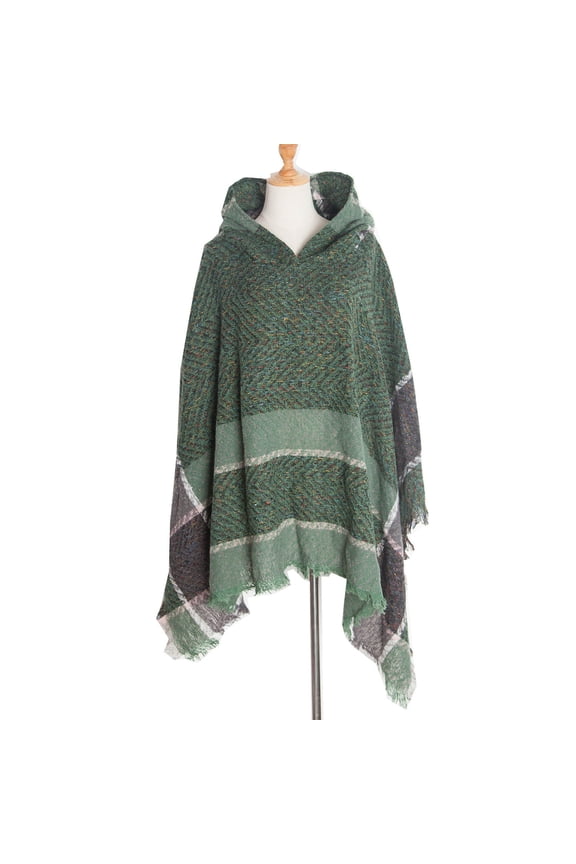 Women's Hooded Cape with Fringed Hem Herringbone Knit Hooded Poncho Pullover Cape Warm Winter Gothic Bohemian Style Shawl Green