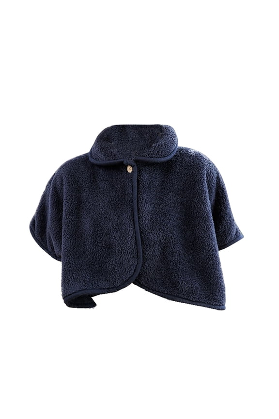 Women's Hooded Cloak Solid Color Button Front Faux Fur Cape Shawl Plush Winter Wrap Gothic Outerwear Navy