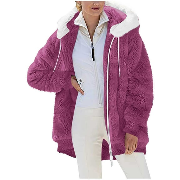 Rohuuque Women's Hooded Fleece Jacket Thicken Fleece Coat with Zip and Pockets Cute Ear Oversized Casual Coat for Winter Hot Pink