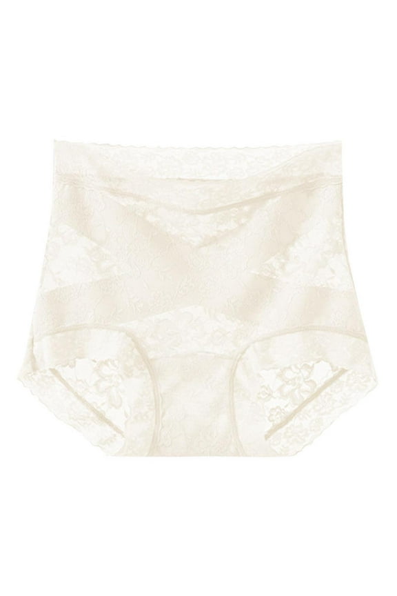 Women's Lace Panties Full Coverage Mid High Waist Briefs Tummy Control Lace Panties Breathable No Visible Lines Beige