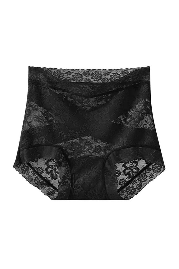 Women's Lace Panties Full Coverage Mid High Waist Briefs Tummy Control Lace Panties Breathable No Visible Lines Black