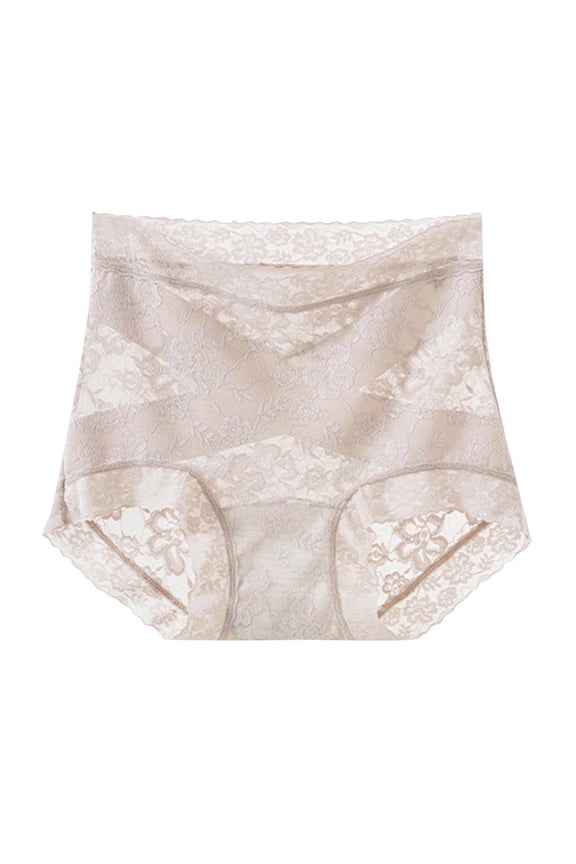 Women's Lace Panties Full Coverage Mid High Waist Briefs Tummy Control Lace Panties Breathable No Visible Lines Khaki