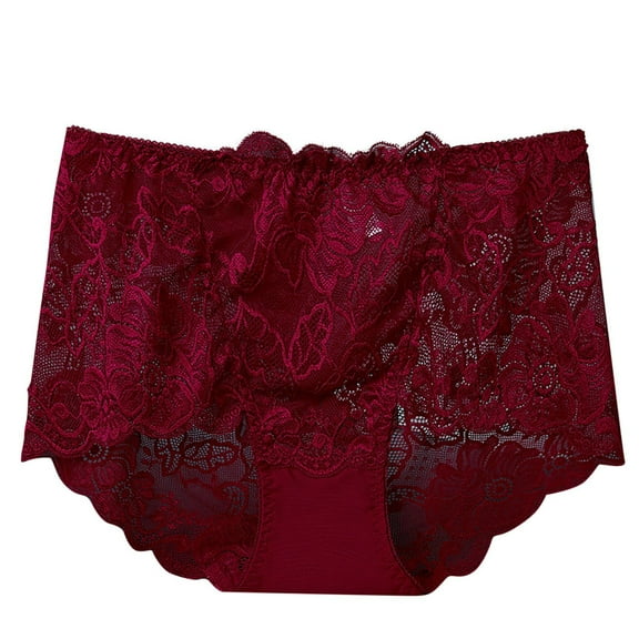 Rohuuque Women's Lace Panties Full Figure High Waist See Through Lace Briefs Tummy Shaping Invisibles Breathable Panties Burgundy