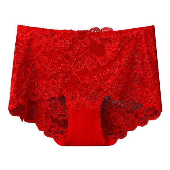 Rohuuque Women's Lace Panties Full Figure High Waist See Through Lace Briefs Tummy Shaping Invisibles Breathable Panties Red