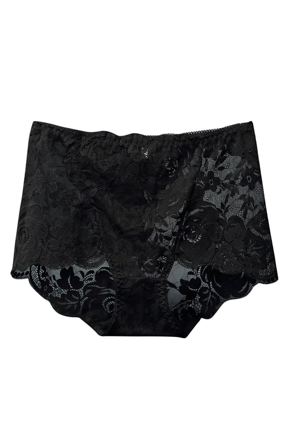 Women's Lace Panties Plus Size High Waist Sheer Lace Underwear Tummy Control Breathable No Visible Panty Lines Black