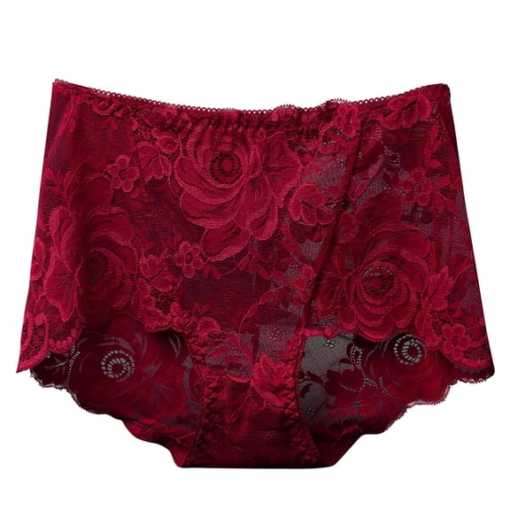 Rohuuque Women's Lace Panties Plus Size High Waist Sheer Lace Underwear Tummy Control Breathable No Visible Panty Lines Burgundy
