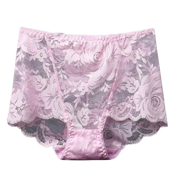 Rohuuque Women's Lace Panties Plus Size High Waist Sheer Lace Underwear Tummy Control Breathable No Visible Panty Lines Pink