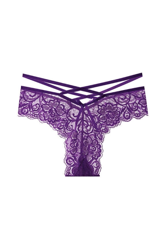 Women's Lace Thongs Low Rise Sheer Jacquard Lace Panties Comfort No Show Underwears Draestring Thongs Purple
