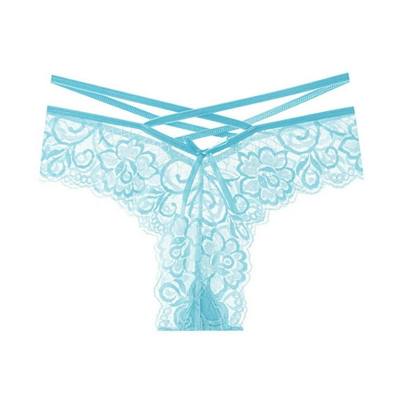 ZQUUVOU Women's Lace Thongs Low Rise Sheer Jacquard Lace Panties Comfort No Show Underwears Draestring Thongs Sky Blue