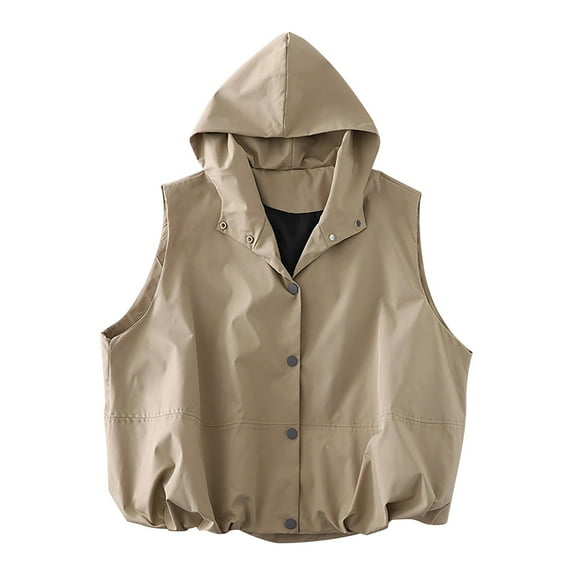Rohuuque Women's Lightweight Vest with Hood Trendy Sleeveless Jacket Vest Button Front Design for Fall Casual Wear Khaki