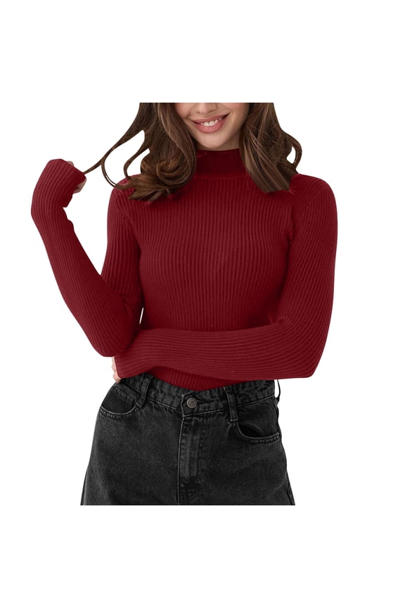 Women's Lighweight Sweater Long Sleeve Mock Turtleneck Tops Knit Basic Stretch Fitted Pullover Thermal Shirts Burgundy
