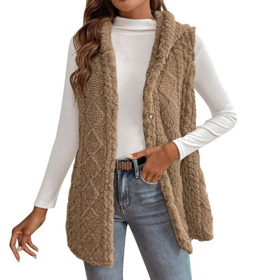 Rohuuque Women's Long Fleece Vest with Hood Thermal Plush Sherpa Fleece Long Sweater Cardigan Sleeveless Button Down Waistcoat Brown