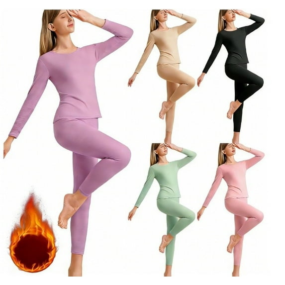 Rohuuque Women's Long Johns Thermal Underwear Set Fleece Silk Blend Thermal Top Insulation Plush Lining Crew Neck Winter Lounge Wear Green