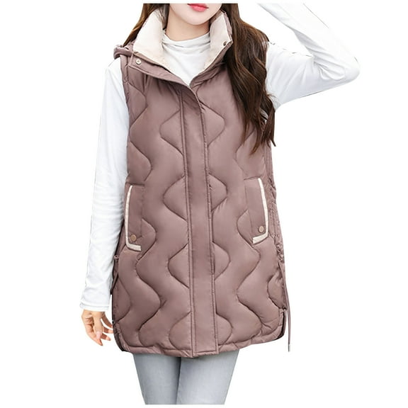 Rohuuque Women's Long Puffer Vest Solid Color Sleeveless Hooded Jacket Coat with Pocket Down Padded Jacket Outerwear Brown