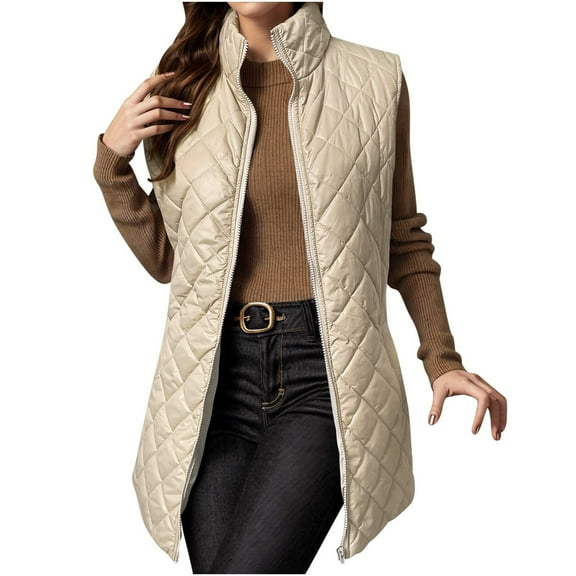 ZQUUVOU Women's Long Puffer Vest Solid Sleeveless Jacket Basic Outerwear Lightweight Coat Fall Winter Wardrobe Khaki