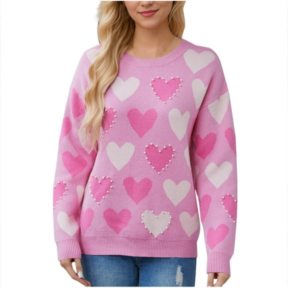 Rohuuque Women's Long Sleeve Crewneck Sweater Fall Heart Printed Cute Loose Knitted Pullover Tops Trendy Comfortable Blouse Hot Pink