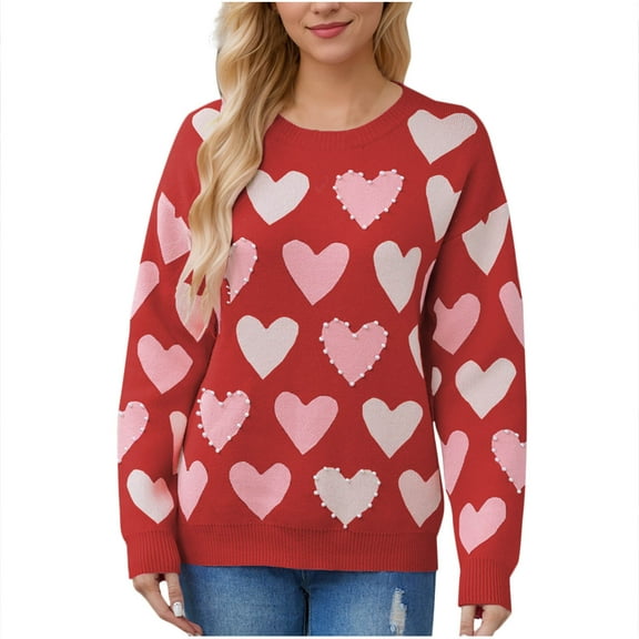 Rohuuque Women's Long Sleeve Crewneck Sweater Fall Heart Printed Cute Loose Knitted Pullover Tops Trendy Comfortable Blouse Red