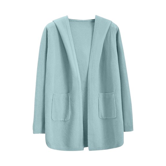 Rohuuque Women's Long Sweater Cardigan Hooded Open Front Winter Coat Solid Color Sweater with Pocket Long Sleeves Wearing Tops Light Blue