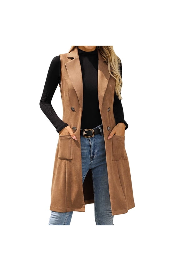 Women's Longline Suede Blazer Vest Faux Leather Trim Button Notched Lapel Waistcoat with Pocket for Layering over Shirts Dresses Khaki