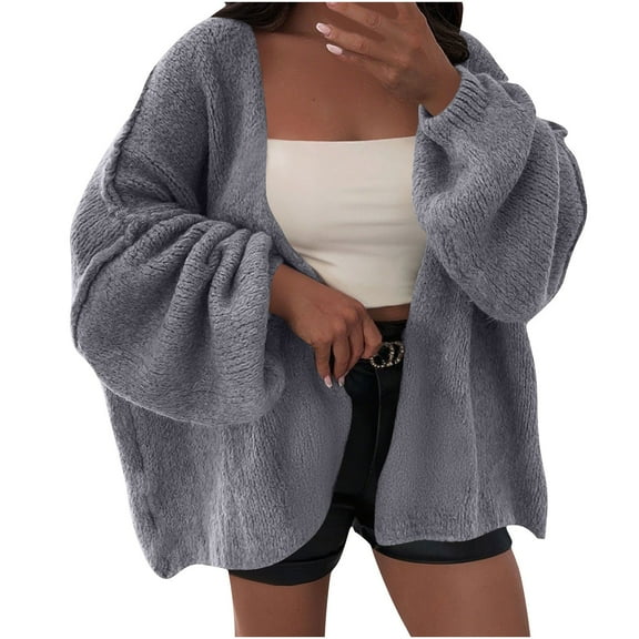 ZQUUVOU Women's Loose Cardigan Sweater Open Front Long Sleeve Sweater Solid Knit Coat Cozy Lounge Wrap Outerwear Dark Gray
