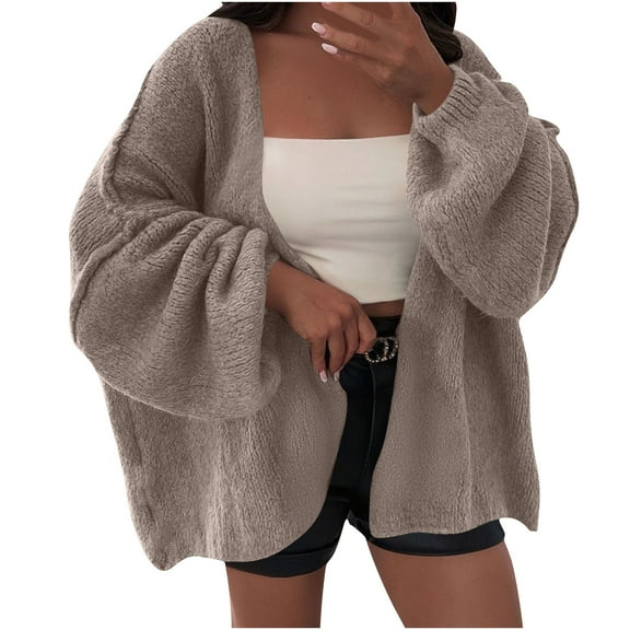 ZQUUVOU Women's Loose Cardigan Sweater Open Front Long Sleeve Sweater Solid Knit Coat Cozy Lounge Wrap Outerwear Khaki
