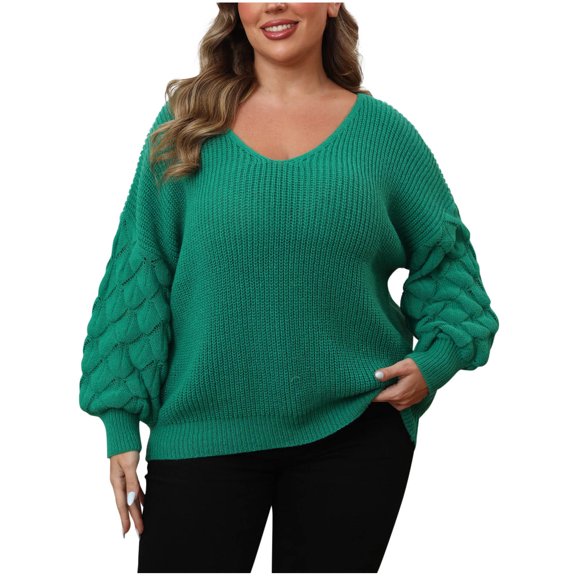 ZQUUVOU Women's Loose V Neck Sweater Plus Sized Lantern Sleeve Pullover Solid Color Casual Cozy Trendy Knitwear Tops Green