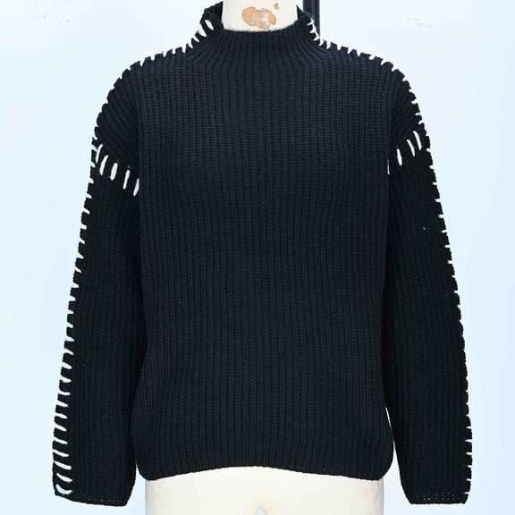 Rohuuque Women's Mockneck Sweater Fall Winter Warm Solid Color Knit Sweater Crewneck Long Sleeve Tops Basic Pullover Blouse Black