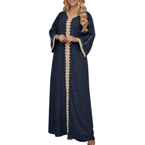 Rohuuque Women's Muslim Maxi Dress Abaya One-Piece V Neck Bronzing Dress Islamic Full Length Kaftan Daily Casual Blue
