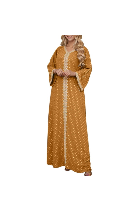 Rohuuque Women's Muslim Maxi Dress Abaya One-Piece V Neck Bronzing Dress Islamic Full Length Kaftan Daily Casual Brown