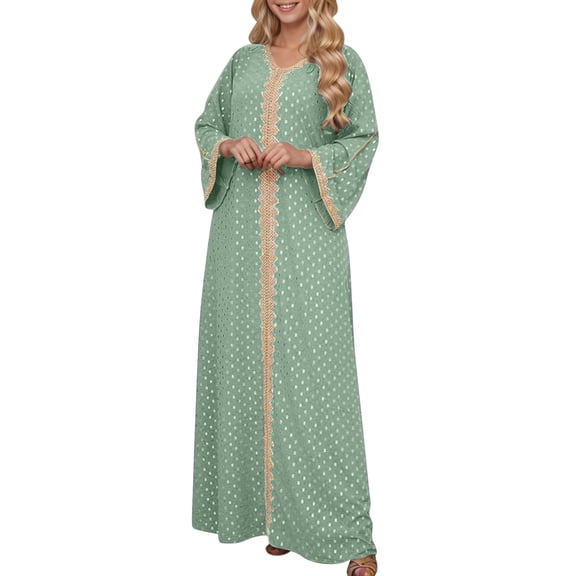Rohuuque Women's Muslim Maxi Dress Abaya One-Piece V Neck Bronzing Dress Islamic Full Length Kaftan Daily Casual Mint Green