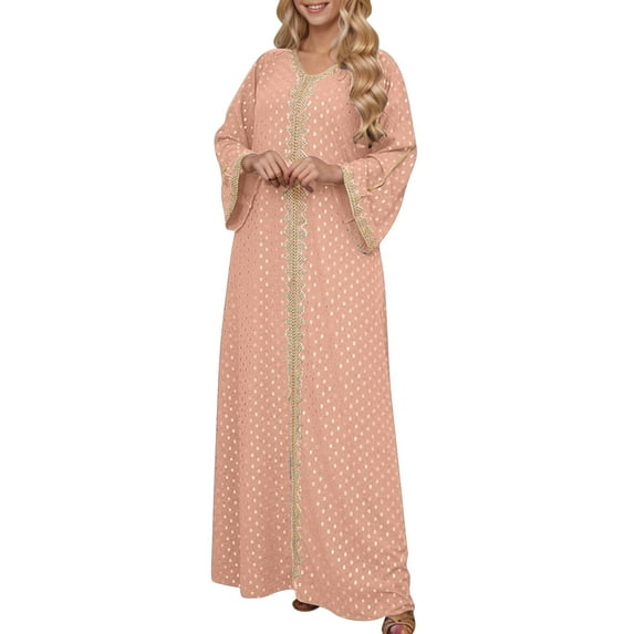 Rohuuque Women's Muslim Maxi Dress Abaya One-Piece V Neck Bronzing Dress Islamic Full Length Kaftan Daily Casual Pink