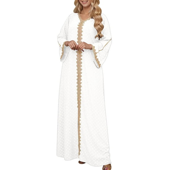 Rohuuque Women's Muslim Maxi Dress Abaya One-Piece V Neck Bronzing Dress Islamic Full Length Kaftan Daily Casual White