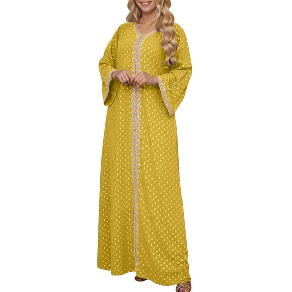Rohuuque Women's Muslim Maxi Dress Abaya One-Piece V Neck Bronzing Dress Islamic Full Length Kaftan Daily Casual Yellow