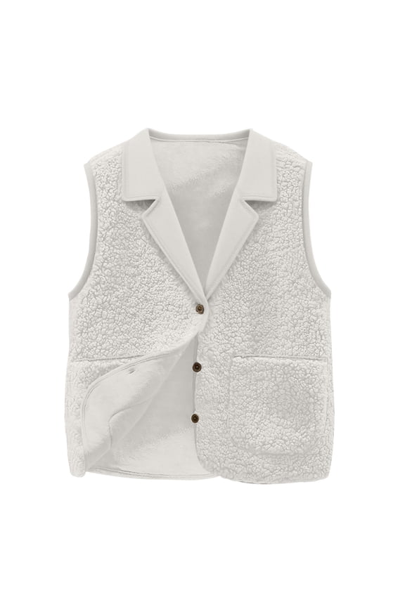 Women's Notch Lapel Vest Fall Trendy Casual Textured Fleece Button Vest Cropped Loose Thin Layer Jacket Top White